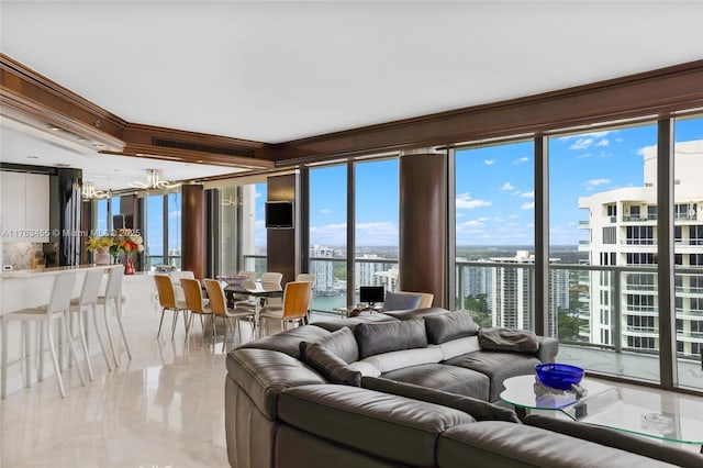 4000 Island Blvd Unit Ph6, Aventura, FL 33160 - living area featuring an inviting chandelier, marble finish floor, ornamental molding, and a view of city