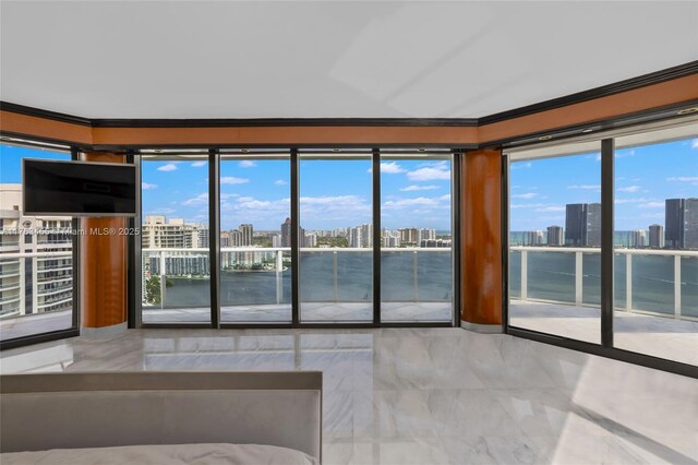 4000 Island Blvd Unit Ph6, Aventura, FL 33160 - unfurnished bedroom with multiple windows, crown molding, a view of city, and access to exterior