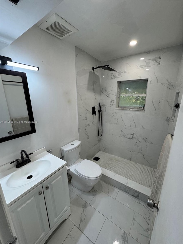 full bathroom featuring marble finish flooring, toilet, vanity, a walk in shower, and recessed lighting