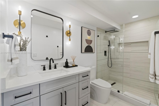 full bath featuring a stall shower, recessed lighting, toilet, and vanity