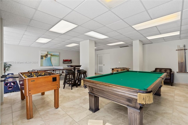 rec room with billiards, light tile patterned floors, and a paneled ceiling