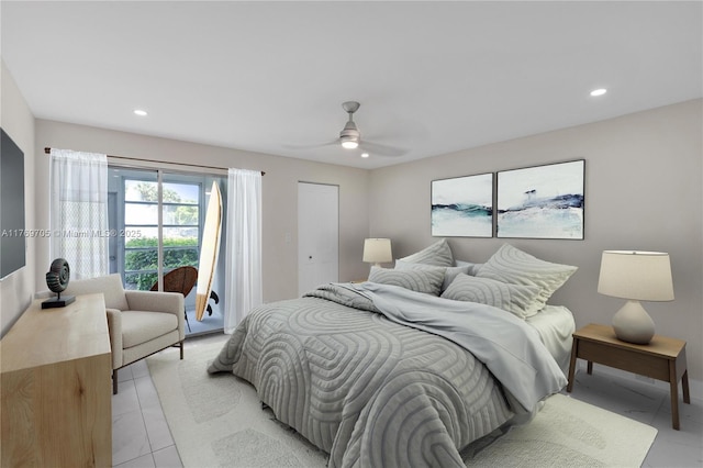 2501 Antigua Ter Unit F1, Coconut Creek, FL 33066 - bedroom with ceiling fan, access to outside, recessed lighting, and light tile patterned floors