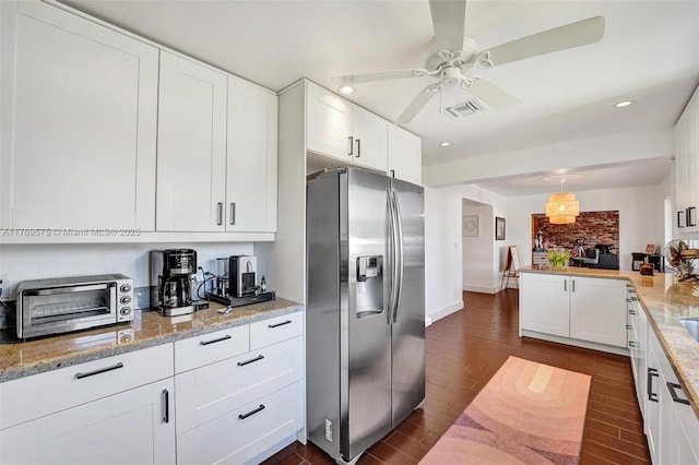 3407 N Longfellow Cir, Hollywood, FL 33021 - kitchen featuring stainless steel fridge, dark wood finished floors, a ceiling fan, white cabinets, and recessed lighting