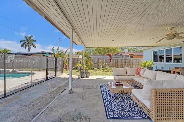 3407 N Longfellow Cir, Hollywood, FL 33021 - fenced backyard featuring an outdoor hangout area, a patio area, and ceiling fan