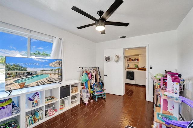 3407 N Longfellow Cir, Hollywood, FL 33021 - rec room featuring separate washer and dryer, ceiling fan, and wood finished floors
