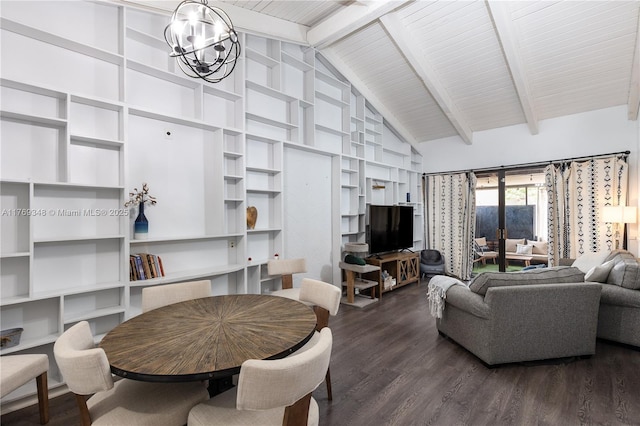 9137 Limetree Ln Unit 166, Pembroke Pines, FL 33024 - living room with dark wood-style flooring, built in shelves, a chandelier, high vaulted ceiling, and beamed ceiling