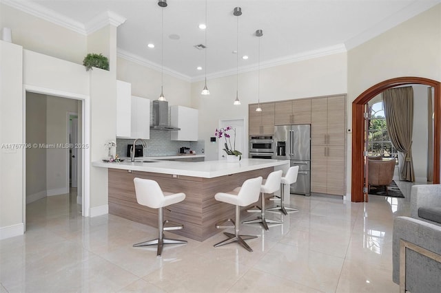 2541 Golf View Dr, Weston, FL 33327 - kitchen with appliances with stainless steel finishes, wall chimney exhaust hood, a sink, modern cabinets, and a towering ceiling