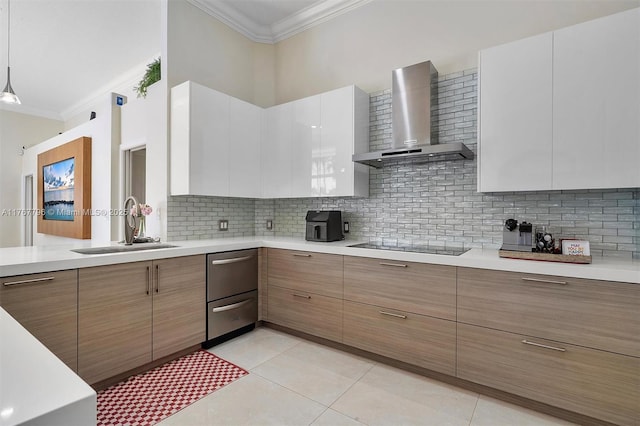 2541 Golf View Dr, Weston, FL 33327 - kitchen featuring wall chimney range hood, ornamental molding, a sink, modern cabinets, and light countertops