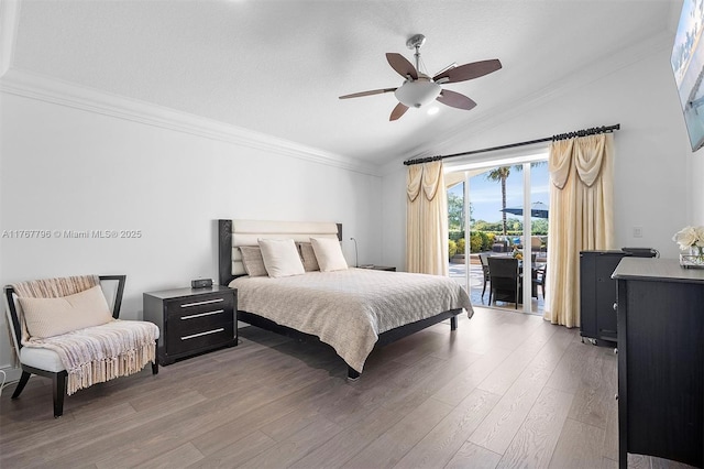 2541 Golf View Dr, Weston, FL 33327 - bedroom featuring lofted ceiling, access to exterior, wood finished floors, crown molding, and a ceiling fan