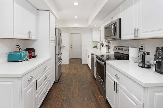 19915 NE 10th Place Way, Miami, FL 33179 - kitchen with stainless steel appliances, a sink, tasteful backsplash, white cabinets, and dark wood-style floors