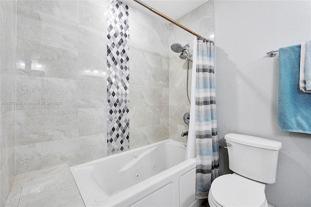bathroom featuring toilet and shower / bathtub combination with curtain