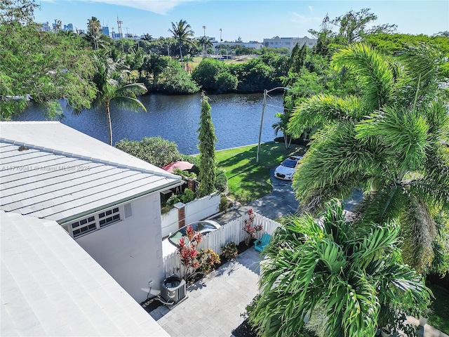 drone / aerial view featuring a water view