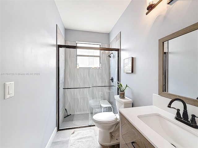 full bath with a shower stall, vanity, and toilet