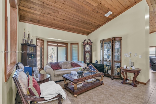 living area featuring high vaulted ceiling, wood ceiling, light tile patterned floors, baseboards, and visible vents