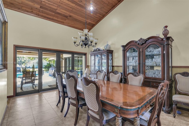 dining space with high vaulted ceiling, wood ceiling, french doors, light tile patterned floors, and an inviting chandelier
