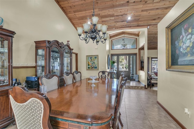 dining area featuring an inviting chandelier, french doors, tile patterned floors, and wooden ceiling