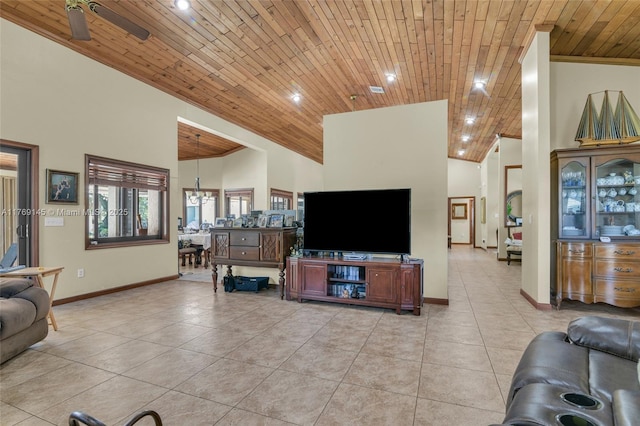 living room with baseboards, light tile patterned floors, high vaulted ceiling, and wood ceiling