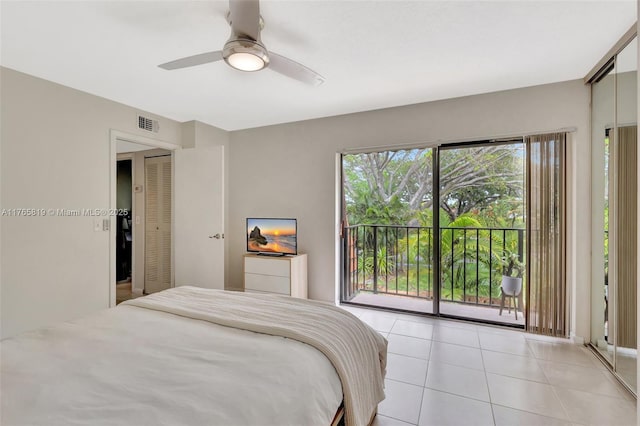 bedroom with light tile patterned floors, access to exterior, visible vents, and a ceiling fan
