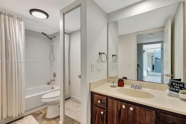bathroom featuring toilet, shower / bathtub combination with curtain, and vanity