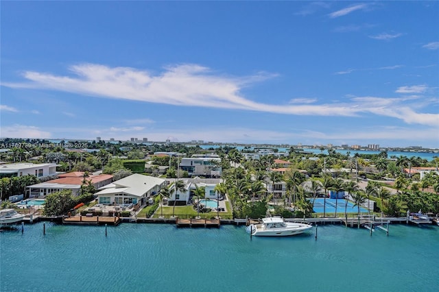 drone / aerial view with a water view