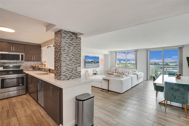 kitchen with dark brown cabinets, tasteful backsplash, a sink, and stainless steel appliances