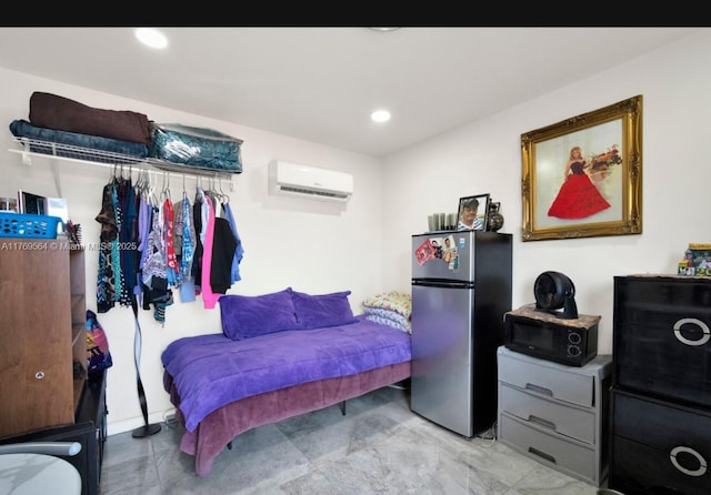 30328 SW 158th Pl, Homestead, FL 33033 - bedroom featuring an AC wall unit, freestanding refrigerator, and recessed lighting