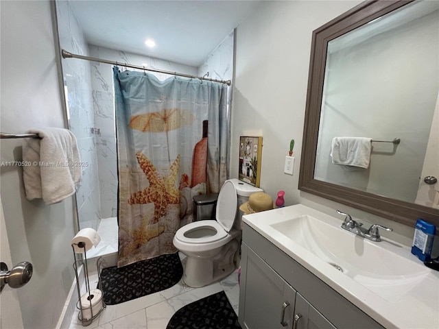 full bathroom featuring vanity, curtained shower, marble finish floor, and toilet