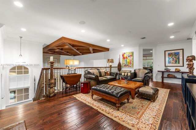 12483 Grand Oaks Dr, Davie, FL 33330 - living area with ornamental molding, recessed lighting, and dark wood-type flooring