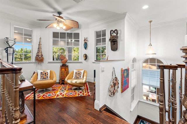 12483 Grand Oaks Dr, Davie, FL 33330 - living area featuring ceiling fan, wood-type flooring, baseboards, crown molding, and recessed lighting