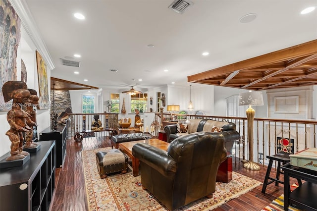 12483 Grand Oaks Dr, Davie, FL 33330 - living room with ceiling fan, hardwood / wood-style flooring, ornamental molding, and recessed lighting