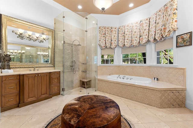 12483 Grand Oaks Dr, Davie, FL 33330 - full bathroom with a bath, vanity, tile patterned floors, a stall shower, and a chandelier