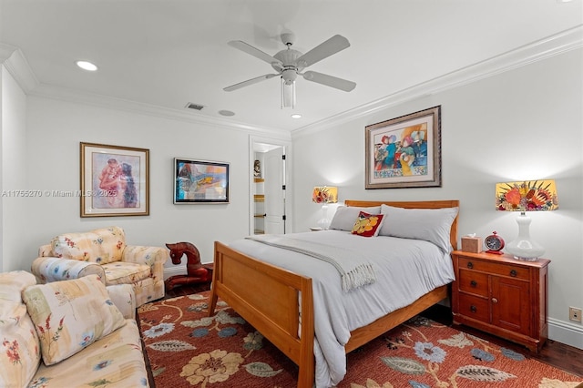 12483 Grand Oaks Dr, Davie, FL 33330 - bedroom with crown molding, wood finished floors, recessed lighting, a ceiling fan, and baseboards