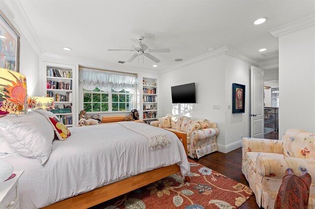 12483 Grand Oaks Dr, Davie, FL 33330 - bedroom with wood finished floors, baseboards, recessed lighting, crown molding, and ceiling fan