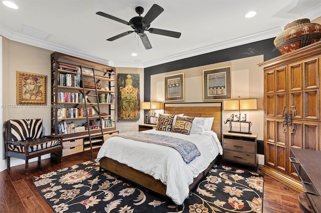 12483 Grand Oaks Dr, Davie, FL 33330 - bedroom featuring ornamental molding, dark wood-style flooring, recessed lighting, and a ceiling fan