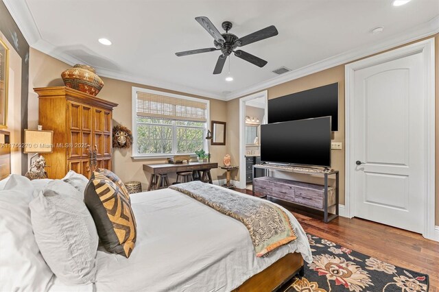 12483 Grand Oaks Dr, Davie, FL 33330 - bedroom featuring wood finished floors, ornamental molding, recessed lighting, a ceiling fan, and baseboards