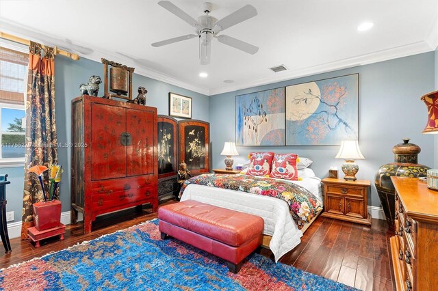 12483 Grand Oaks Dr, Davie, FL 33330 - bedroom featuring ornamental molding, wood-type flooring, baseboards, recessed lighting, and ceiling fan