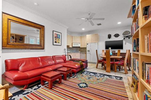 12483 Grand Oaks Dr, Davie, FL 33330 - living room featuring ceiling fan, ornamental molding, and recessed lighting