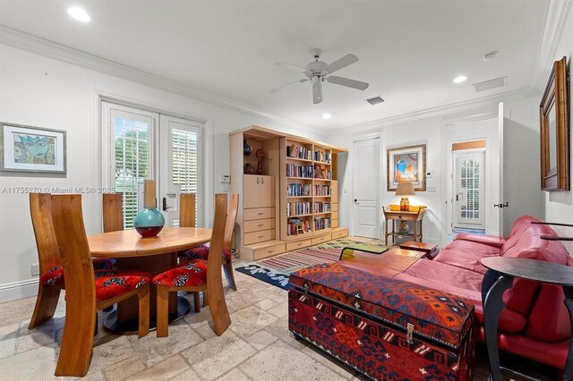 12483 Grand Oaks Dr, Davie, FL 33330 - living area with ornamental molding, a ceiling fan, recessed lighting, and stone tile floors