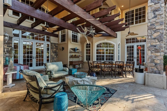 12483 Grand Oaks Dr, Davie, FL 33330 - view of patio / terrace with french doors, ceiling fan, an outdoor living space, and outdoor dining space
