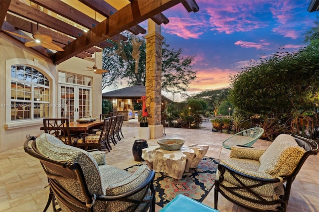 12483 Grand Oaks Dr, Davie, FL 33330 - view of patio with french doors, a pergola, ceiling fan, and outdoor dining space