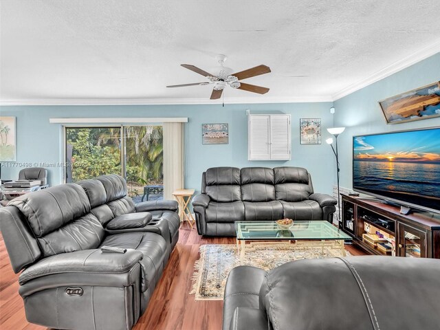 5404 Bayberry Ln, Tamarac, FL 33319 - living area with wood finished floors, a ceiling fan, ornamental molding, and a textured ceiling