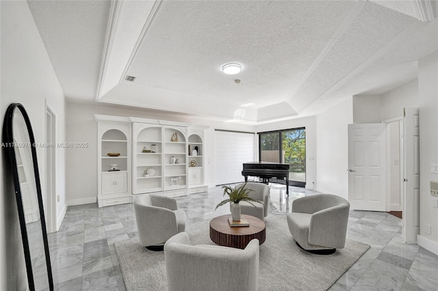 3320 Bridle Path Ln, Weston, FL 33331 - living area featuring a raised ceiling, light marble finish flooring, and a textured ceiling