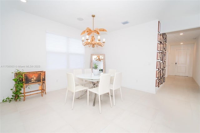 dining space featuring a notable chandelier, visible vents, and recessed lighting