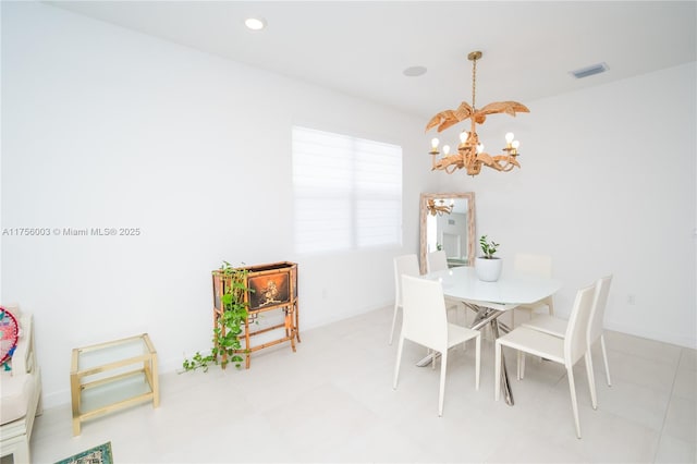 dining space with baseboards, visible vents, a chandelier, and recessed lighting