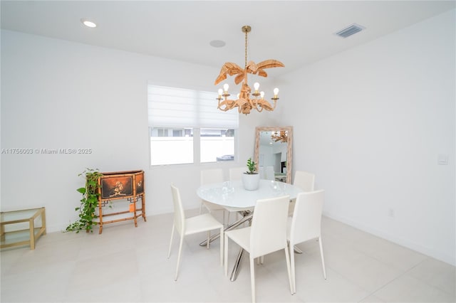 dining space with recessed lighting, a notable chandelier, baseboards, and visible vents