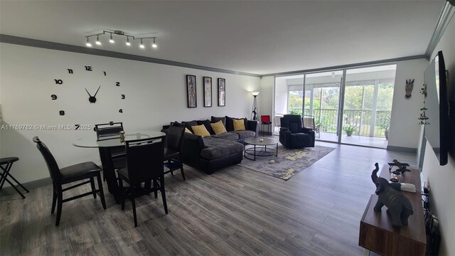 living area with crown molding, baseboards, expansive windows, and dark wood-type flooring