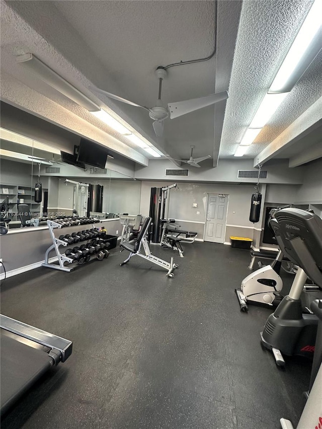 3301 N Country Club Dr Unit 110, Aventura, FL 33180 - gym featuring a textured ceiling, visible vents, and a ceiling fan