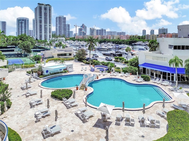 19707 Turnberry Way Unit 6E, Aventura, FL 33180 - pool with a city view and a patio