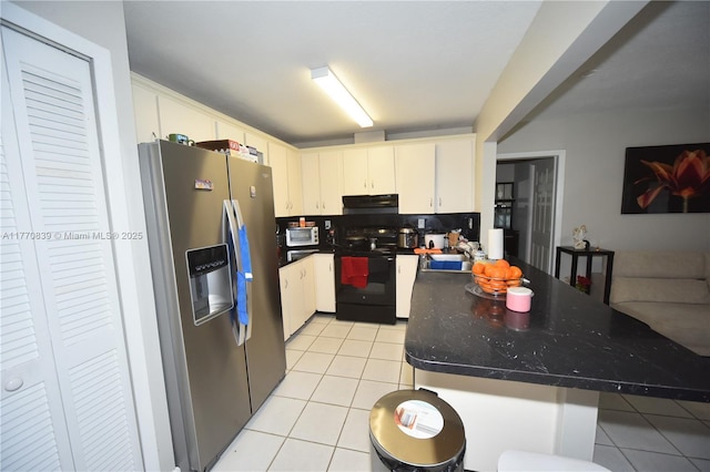 kitchen featuring a sink, black range with electric cooktop, under cabinet range hood, light tile patterned floors, and stainless steel refrigerator with ice dispenser