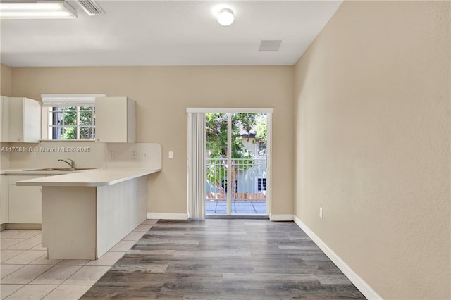 kitchen with a wealth of natural light, light countertops, a sink, and a peninsula